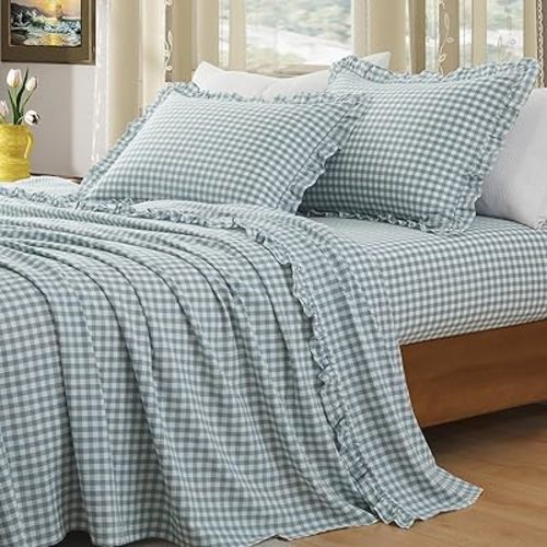 KKJIAF 3 Pieces Plaid Ruffle Twin Bed Sheets, Cotton Gingham Twin Sheet Set Linen Feel Comfy Breathable Ruffed Bed Sheet Set with 16 Inch Deep Pocket, Dusty Blue