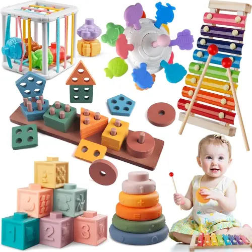 6 in 1 Montessori Baby Toys for 1 Year Old, Toddlers Sensory Teething Toys for Babies, Wooden Stacking Building Blocks Shape Sorter, Xylophone Musical Toy, Educational Birthday Gift for Kids 1 2 3