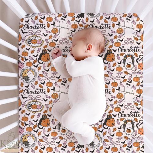 Personalized Halloween Crib Sheet, Pink Ghost Girl Name Bassinet Cover, Coquette Fall Nursery Bedding, Spooky Newborn Photo Prop