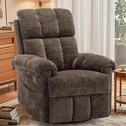Korser Recliner Chair, Swivel Rocker Recliner Chair for Adults, Small Recliners for Small Spaces, Upholstered Manual Recliner with Side Pockets, Nursery Rocking Chair for Living Room, Chenille, Brown