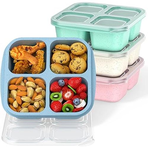 Bento Snack Boxes (4 Pack)- Reusable 4-Compartment Meal Prep Containers for Kids and Adults, Perfect Food Storage School, Compact Stackable (Wheat(Green/Blue/PK/Beige))