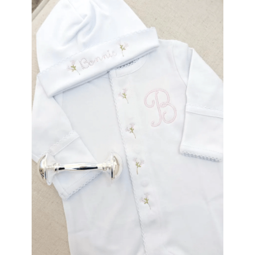 Simple Heirloom Inspired Embroidered Bundle | Picot Trim Hat and Footie | Elegant Monogram | Custom Keepsake | Baby Shower