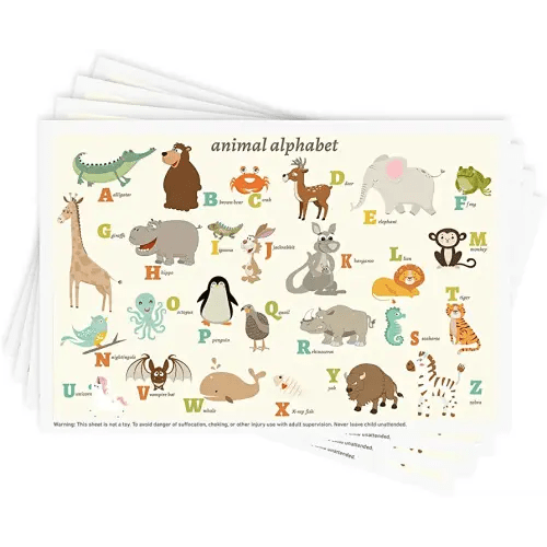 Disposable Stick-on Placemats 40 Pack for Baby & Kids, Restaurant Table Mats 12" x 18" Sticky Place Mats, Toddler Baby Placemat, Animal Alphabet Theme