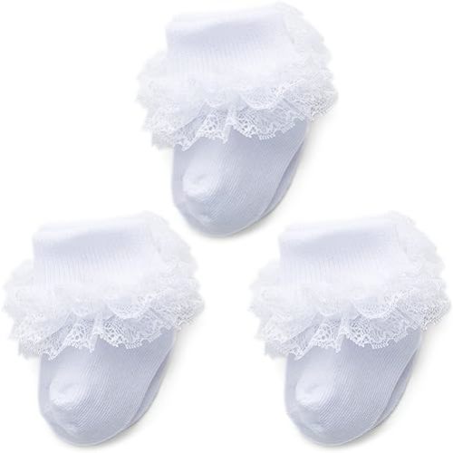 Baby Girl Socks Eyelet Triple Lace Ruffle Socks Turn Cuff Socks 2/3/5 Pairs Ankle Dress Sock for Newborn Infant Toddler