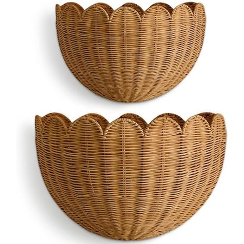 BEBE BASK The Original Scalloped Wicker Wall Basket – Set of 2 – Handwoven Scalloped Wall Baskets (16 x 10 x 7 in), Woven Rattan Wall Hanging Baskets - Mocca Scalloped Basket