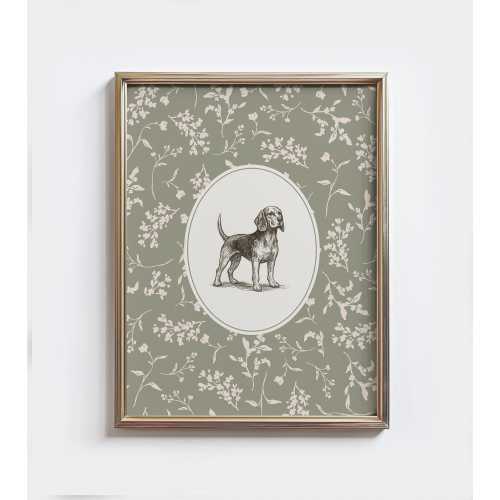 Beagle Print, Vintage Floral Dog Portrait, Cottagecore Nursery Decor, Dog Sketch Wall Art, Antique Dog Art, Farmhouse Wall Decor