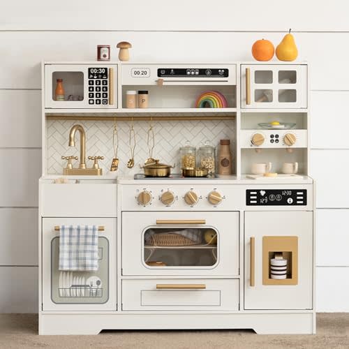 Wooden Play Kitchen for Kids– Realistic Appliances, Smart Storage & 15 Fun Accessories for Inspiring Pretend Play (Ages 3+)