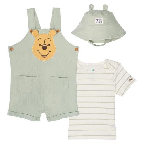 Disney Winnie the Pooh Baby Short Overalls, T-Shirt & Hat 3 Piece Outfit Set Newborn to Infant Sizes (0-24 Months)