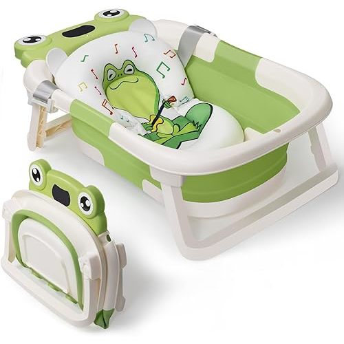 DEANIC Baby Bathtub Collapsible for Newborn Bath, Portable Infant Bathtub with Soft Baby Bath Support Cushion for 0-6-12 Month Newborns, Foldable Baby Bath tub for Indoor, Travel (Green)