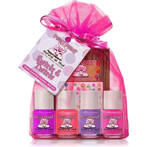 Piggy Paint | 100% Non-Toxic Girls Nail Polish | Safe, Cruelty-free, Vegan, & Low Odor for Kids | Swirls & Twirls (4 Polish + Nail Art Gift Set)