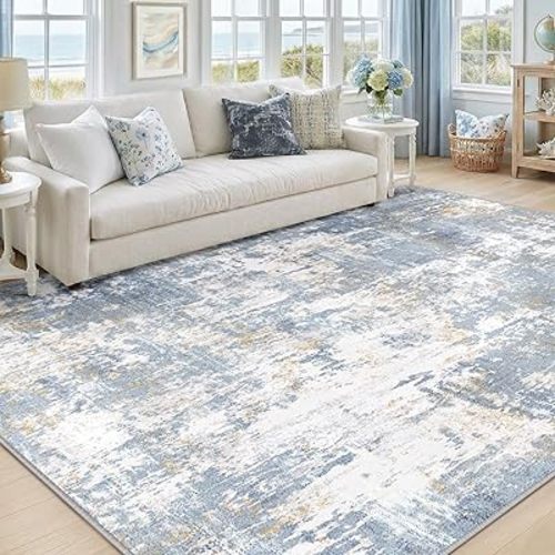 RELEANY Washable Area Rugs 6'x9' Non-Slip Modern Abstract Soft for Living Room Entryway Bedroom Nursery, Print Pattern, Light Blue