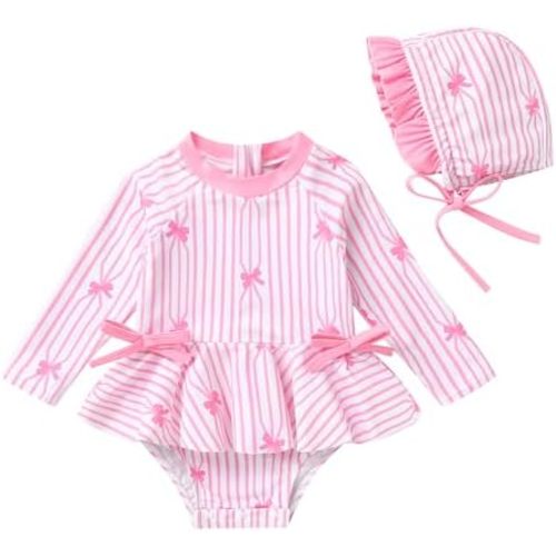 Infant Baby Girl Long Sleeve Rash Guard Set with Hat Back Zipper Bathing Suit Toddler Beach Wear