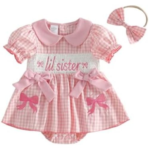Big Sister Little Sister Matching Outfits Toddler Baby Girl Smocked Ruffle Sleeve Plaid Romper/Dress Summer Clothes