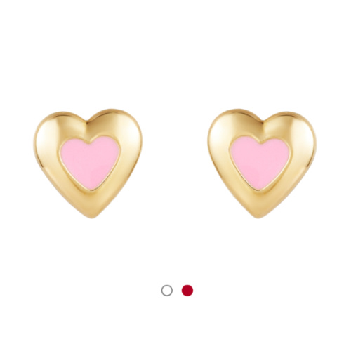 14K Yellow Gold Heart Pink Enamel Children's Earrings