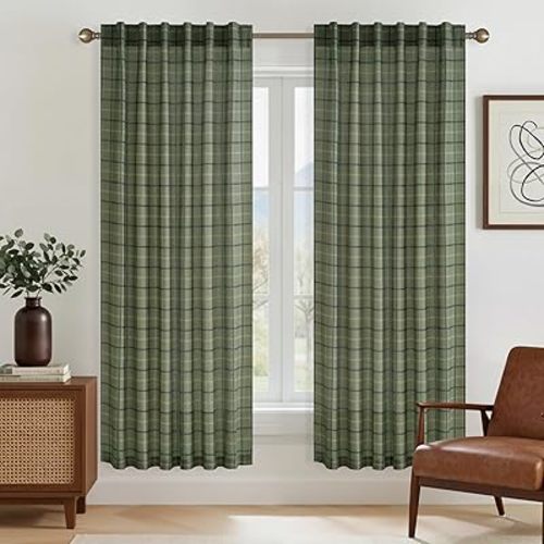 RYB HOME Green Plaid Curtains for Living Room Dining Room, Linen Blend Light Filtering Semi-Sheer Privacy Farmhouse Checkered Window Treatment for Kitchen Bedroom, W52 x L72 Inch, 2 Panels
