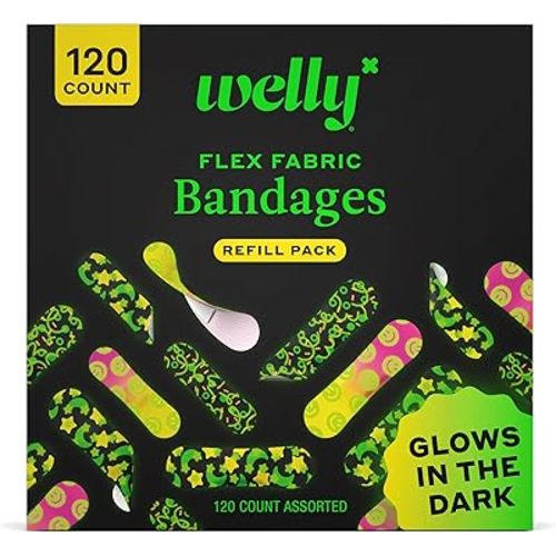 Welly Bandage Glow-in-The-Dark Refill Pack | Adhesive Flexible Fabric Bandages | Assorted Shapes and Patterns for Minor Cuts, Scrapes, and Wounds - 120 Count