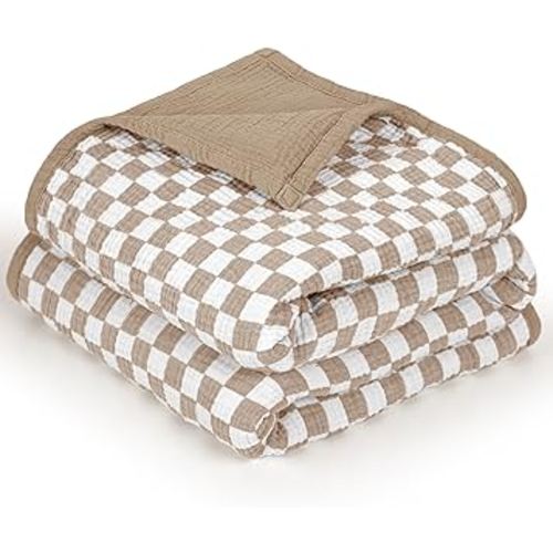 lulumoon Muslin Checkered Baby Blankets：Lightweight Cotton Toddler Blanket - Ideal for Stroller 47"x47"（Caramel Checkered）