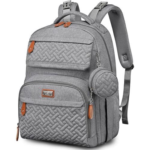 BabbleRoo Diaper Bag Backpack - Travel Large Baby Diaper Bag with Changing pad, Waterproof Baby Bags for Mom & Dad, Unisex Bags with Pacifier Case, Luggage Strap & Stroller Clips– Light Gray