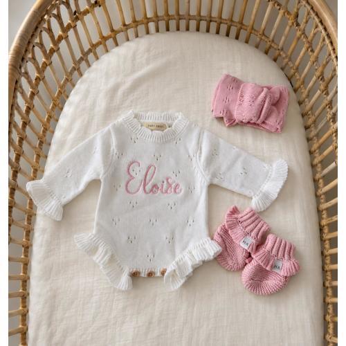Baby Announcement Outfit, Personalized Newborn Name Baby Girl Pointelle Ruffle Romper, Newborn Name Outfit, Baby Girl Sweater Romper