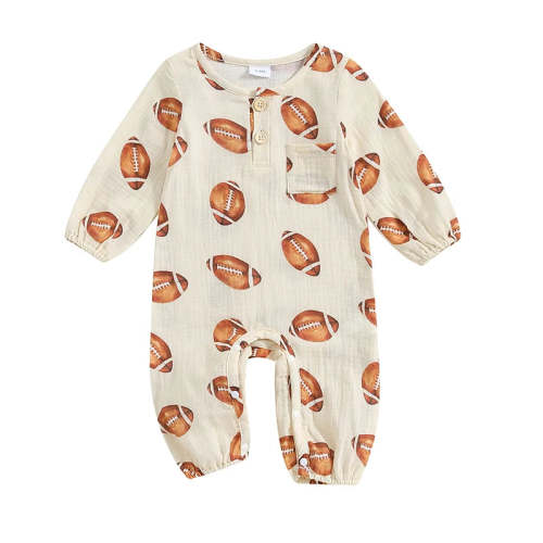 Baby Boy Girl Bodysuit Football Print Long Sleeve Button Pocket Round – August + Willow