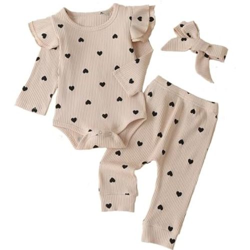Baby Girl's 3pc Rib Frill Long Sleeve Romper and Pant Set