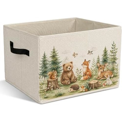 Woodland Animals Nursery Foldable Storage Bins with Handles, Forest Animals Decorative Storage Basket for Organizing Clothes Toys Books, Woodland Camping Gift for Kids Bedroom Playroom