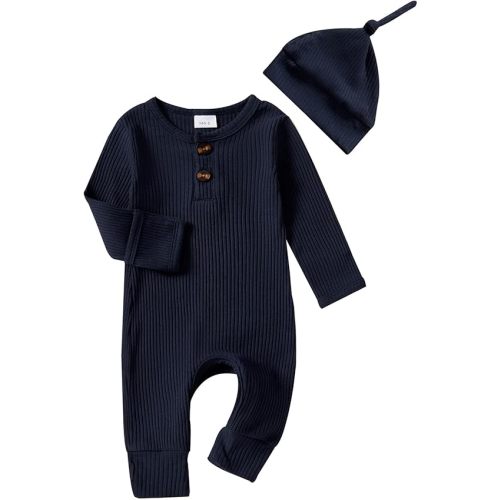 Infant Boys Girls Clothes Set Newborn Baby Romper Hat Ribbed Knit Long Sleeve Button Solid Bodysuit Jumpsuit