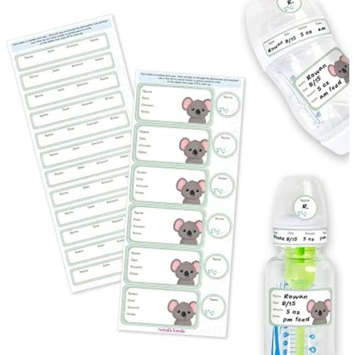Mabel’s Labels Baby Bottle Labels – 24 Customizable Write-and-Wipe Name Labels for Daycare, Milk Storage & Bottles – Reusable, Dishwasher, Sterilizer & Microwave Safe – Baby Koala