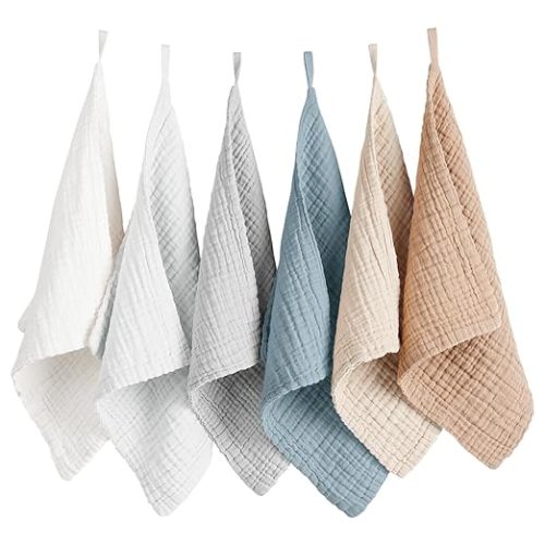 Konssy 6 Pack Baby Muslin Washcloths for Unisex 100% Cotton Wash Cloth Set for Baby Face Body Comfy and Soft for Newborn Infants Kids Girls and Boys