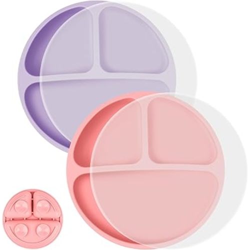 Vicloon Toddler Dishware Plate, 2 Pcs Silicone Plate with Divided Compartments, Suction Plates for Babies & Toddlers, BPA Free, Microwave & Dishwasher Safe, Includes Lids