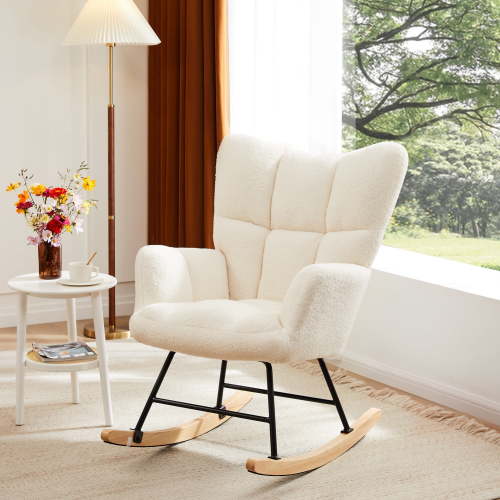 EDX Teddy Fabric Armchair, Comfortable Nursery Rocking Chair for Adults with High Backrest, Beige