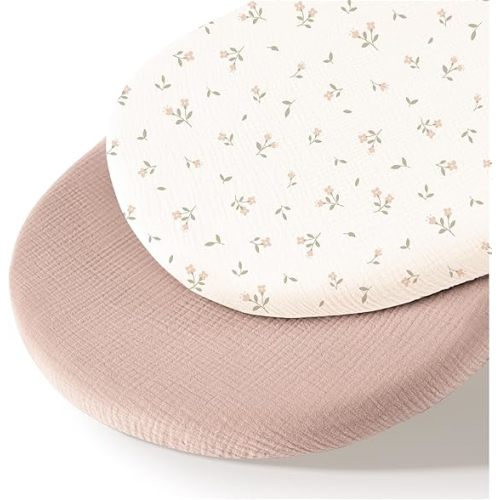 MairMore Muslin Bassinet Sheets for Babies – Soft & Breathable 100% Cotton Fitted Sheets for Oval, Rectangle, Hourglass Bassinet Mattress Pads, 2-Pack (Ivory & Pink)