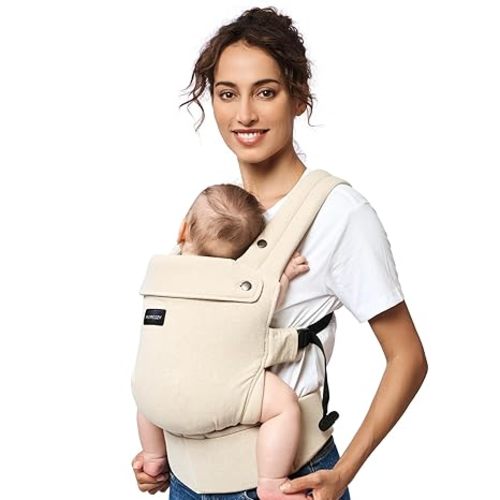 Momcozy Baby Carrier with Natural Cotton Linen, Built to Last, Ergonomic Design, 7-45lbs for Infant and Toddler, Lightweight and Comfortable, Hands-Free for Moms&Dads, Light Amber