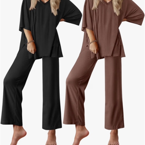 Ekouaer 2 Packs Lounge Set for Women Short Sleeve Pajamas Top and Long Pant