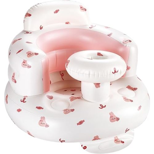 Inflatable Baby Seat with Tray, Sit Me Up Floor Seat for Baby Learning to Sit, Portable Built in Air Pump Blow Up Baby Chair,Sitting Support Infant Chair for 3 Months Up (Pink Bunny)