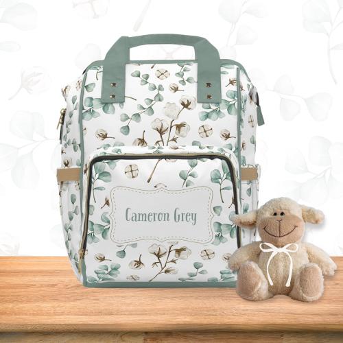 Personalized Name Custom Neutral Baby Cotton Green Eucalyptus Multi-Purpose Newborn Diaper Backpack Bag Custom Everyday Vacation Travel Tote