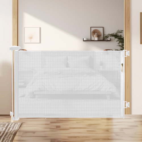 HioHa Hardware-Mounted Baby Gate, 59" Retractable Safety Gate with Auto-Lock Mesh Barrier for Stairs & Doorways, Child Proof,White