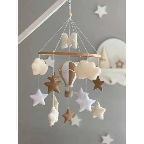 Baby Crib Felt Mobile with Initial, Neutral Hot Air Balloon Mobile, Personalized Baby Gift, Cloud Star Nursery Decor