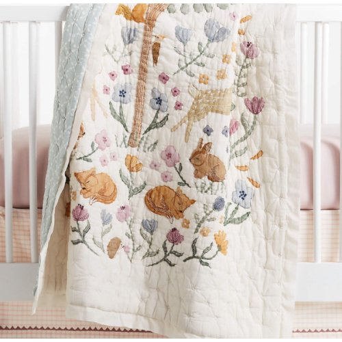 Wonderland Prairie Embroidered Organic Cotton Voile Baby Crib Quilt