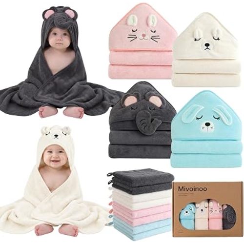 12 Pack Hooded Baby Bath Towel Set,4 Towels and 8 Washcloths