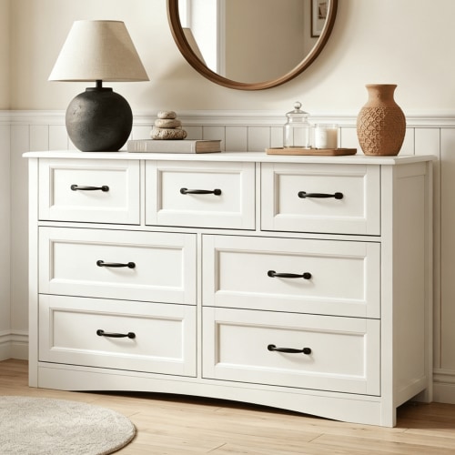 Lofka 7 Drawer Dresser for Bedroom, Wood Storage Chest with Black Handles & Arched Base