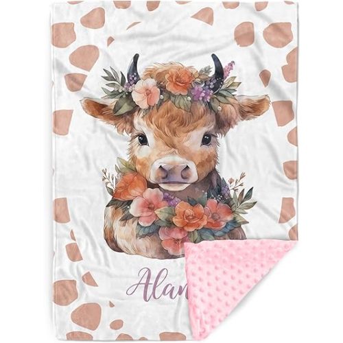 Personalized Baby Blanket with Name – Custom Name Baby Blankets for Girls, Highland Cow Design Soft Receiving Blanket for Newborn, Custom for Crib, Stroller, Nursery Decor