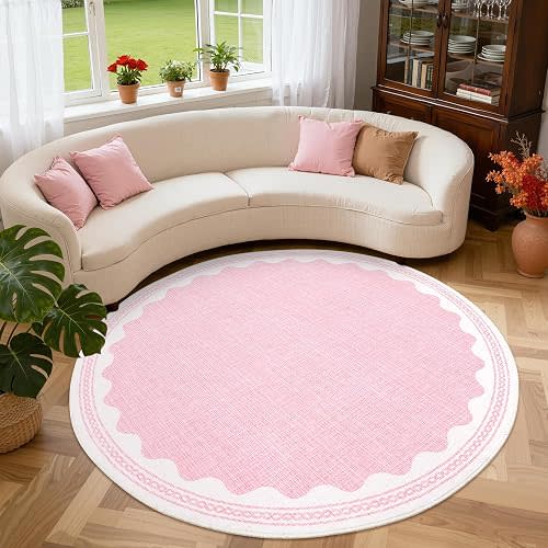 GarveeHome Scalloped Edge Solid Pink 6ft Round Rug Circle Modern Minimalism Washable Non-Slip Soft Ultra-Thin Carpet for Living Room Kitchen Bedroom Nursery Dining Room