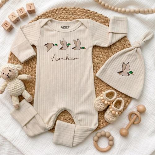 Personalized Mallard Duck Baby Bodysuit and Beanie Set, Custom Funny Hunting Newborn Outfit, Southern Baby Shower Gift, Newborn Boy Gift