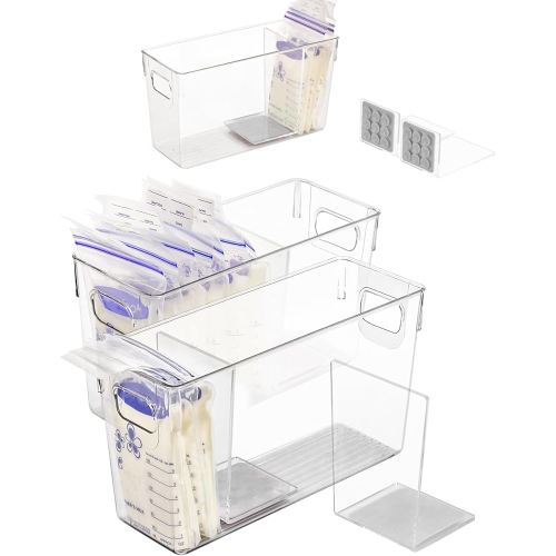 Breastmilk Storage Container with L Shaped Separator Boards, Dividers Will Flatten Standing Breast Milk Bags in Organizer Bins Save Refrigerator Space | 2 Containers-Gray