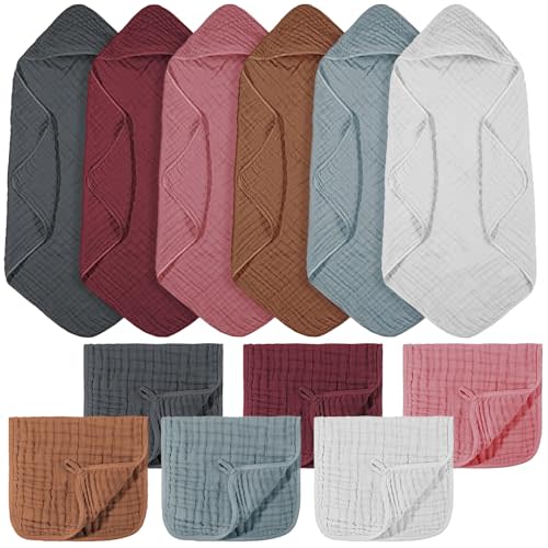 VitalCozy 12 Pcs Baby Muslin Hooded Bath Towels and Washcloths Muslin Cotton Hooded Baby Towels Absorbent Blankets for Gift Newborn Infant Shower (32 x 32 Inch,Multicolor)