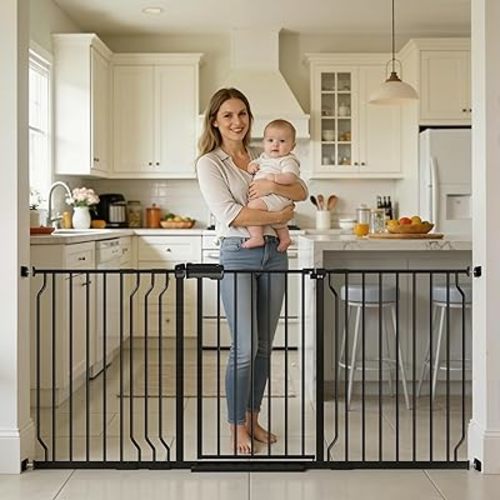 TSAYAWA 62.2"-71.65" Extra Wide Auto Closing Baby Safety Gate for Stairs & Doorways, Pressure Mounted No Drill Pet Gate with Walk-Through Door - Heavy Duty Childproof Gate for Toddlers, Kids, Dogs