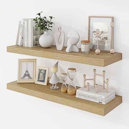 30 Inch Floating Shelves, 9.3" Deep Floating Shelf Wall Mounted, 30" Wall Shelves, Rustic Deep Bookshelf, Large Display Shelves & Storage Shelves for Bedroom, Living Room, Oak, Set of 2