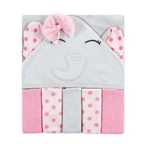 Hudson Baby Infant Girls Hooded Towel and Five Washcloths, Pink Dots Pretty Elephant, One Size