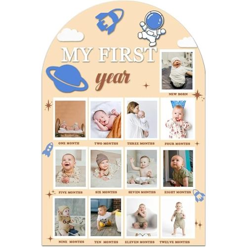 My First Year Wooden Photo Board, 23x15-inch Large Size 12 Months Milestone Photo Board Baby’s First Year Picture Frame for Outer Space Themd 1st Birthday Baby Shower Party Decorations